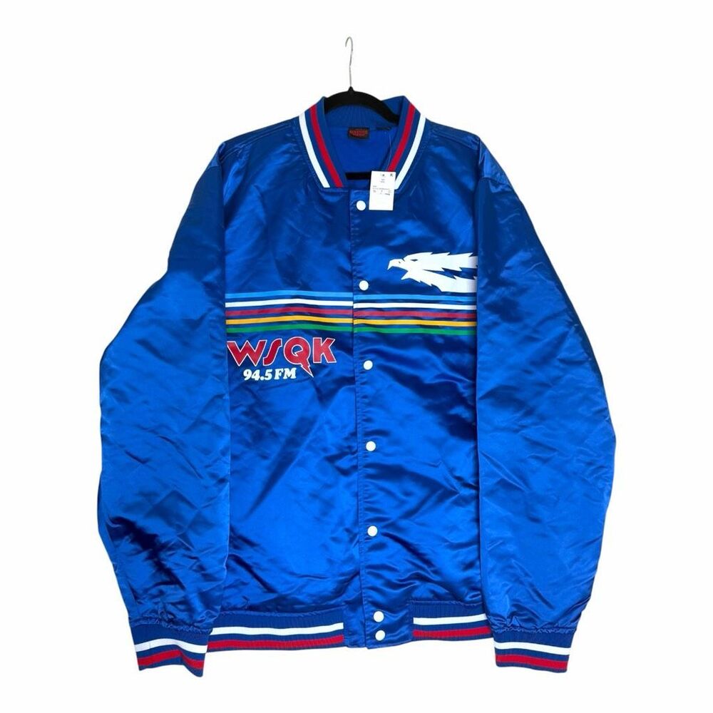 NEW Stranger Things WSQK 94.5 FM Satin Bomber Jacket Blue Retro Snap Front 2XL